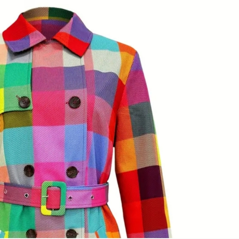 Rainbow Plaid Double Button Ladies Rain Coat. - Picture 5 of 10